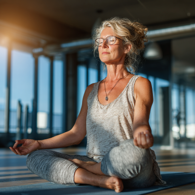 Літня жінка займається йогою на свіжому повітрі